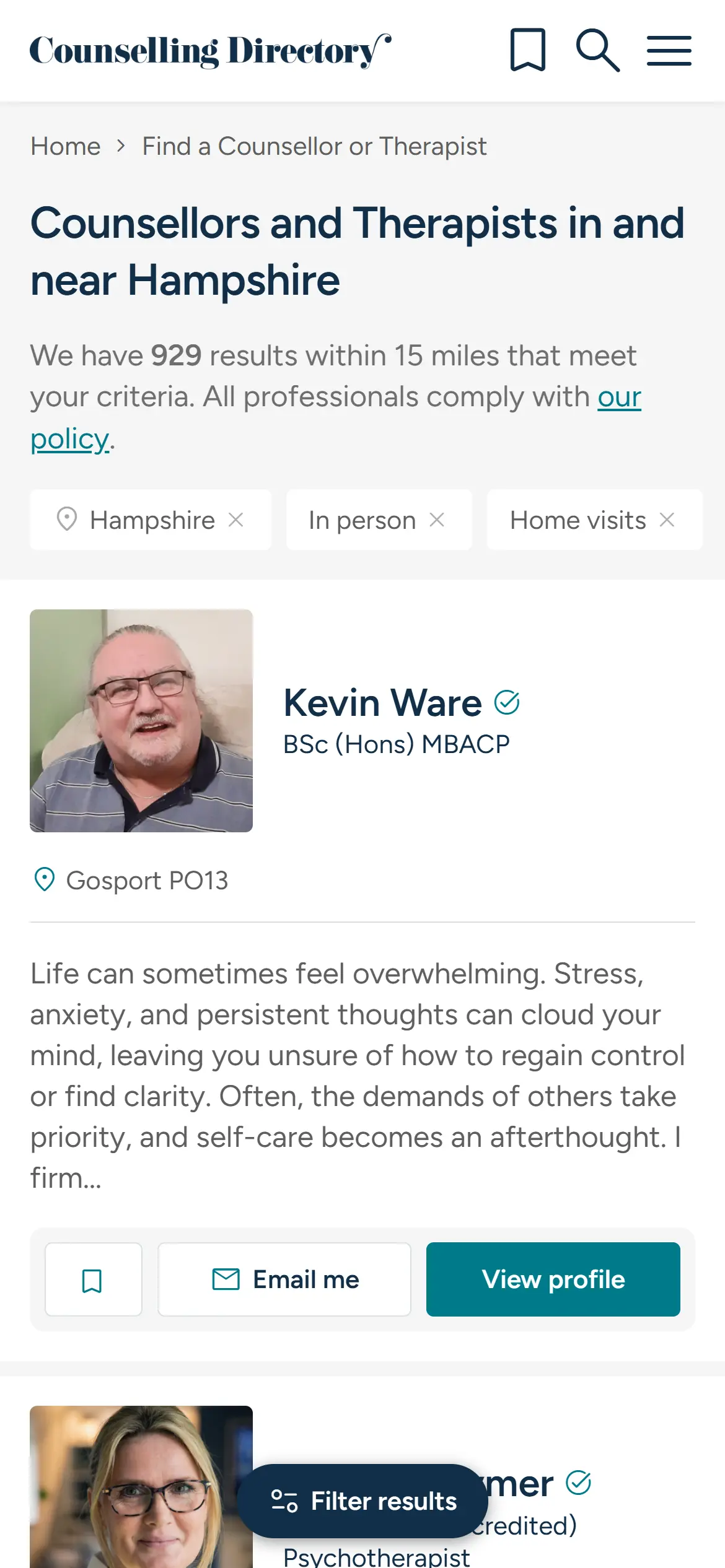 Counselling directory listing view